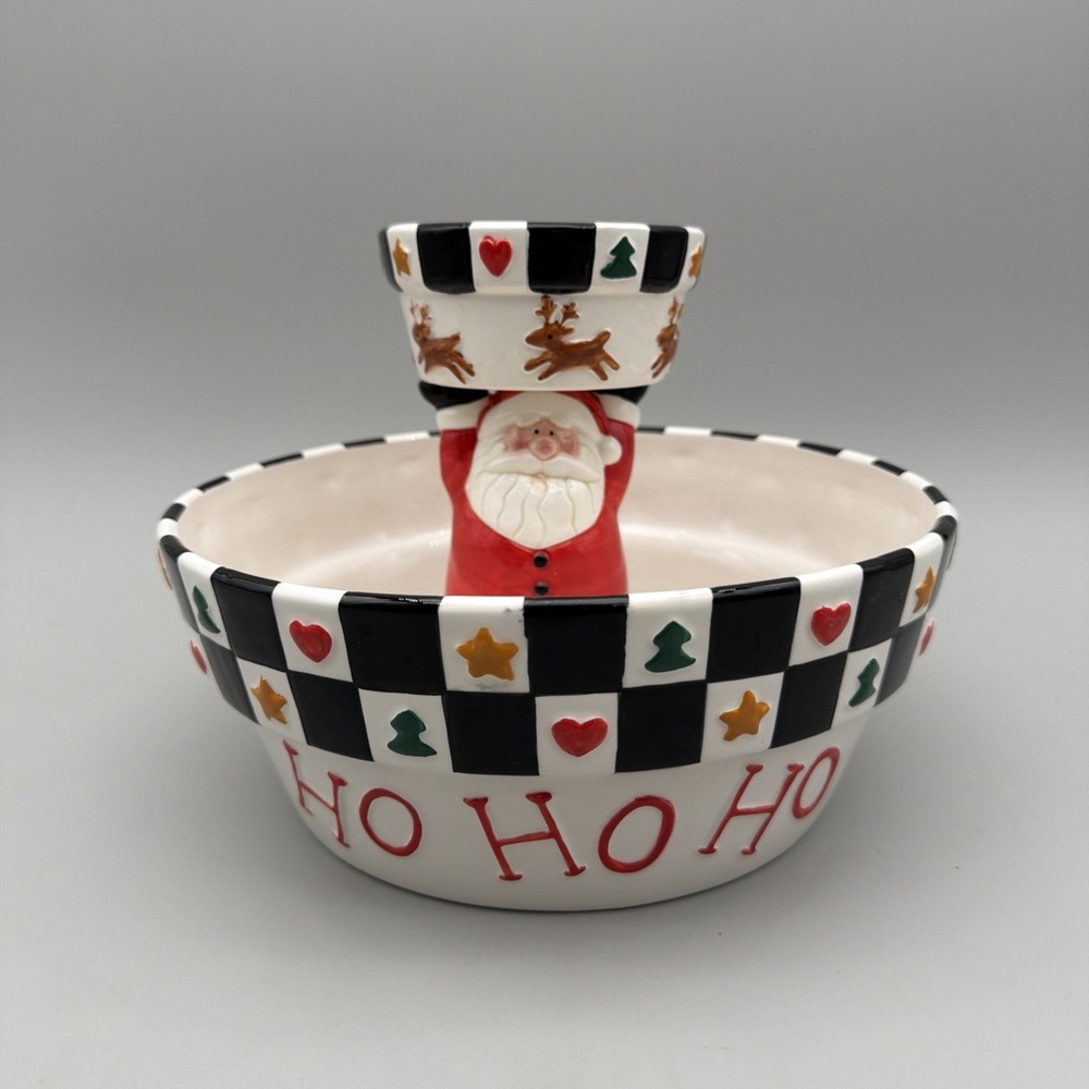 Vintage Ceramic Holiday Motif Santa Clause 2 Bowl Serving Dish 9"dia EUC